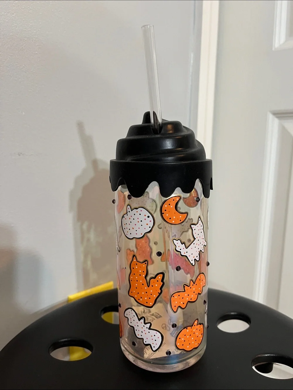 Sheffield Home Halloween Glass Tumbler 20 oz Cats Bats Ghosts Pumpkin Straw NWT